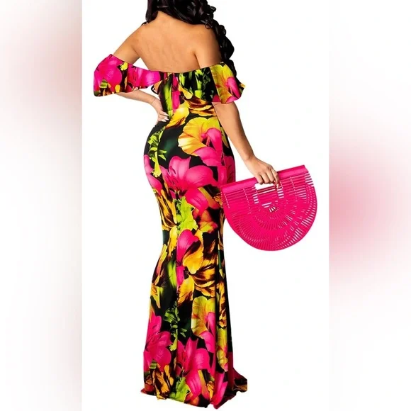 NWOT Off Shoulder Hawaiian Floral Bodycon Maxi Dress Size 2XL - Picture 2 of 5